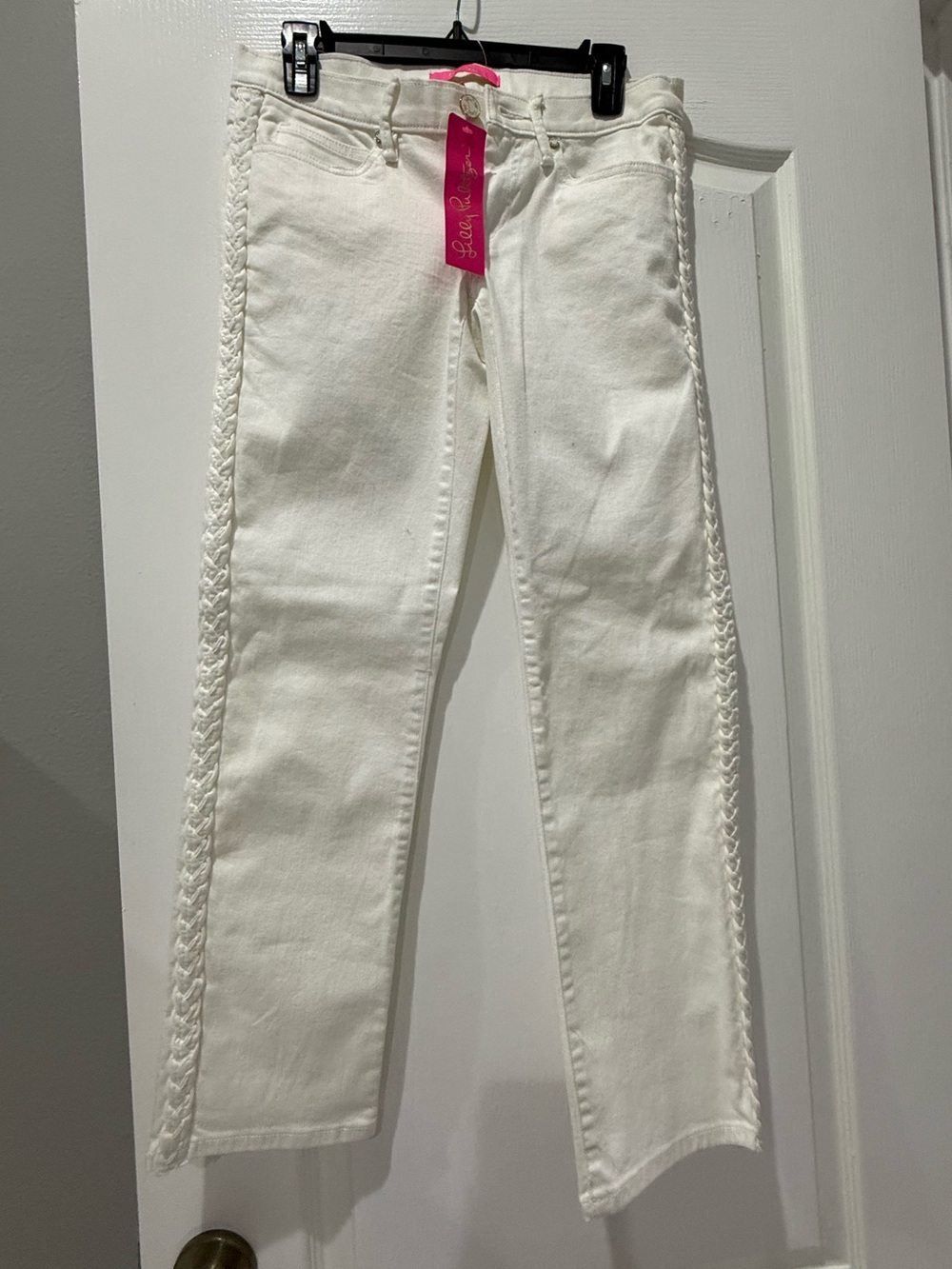 Lilly Pulitzer White Braided-Trim Straight Leg Jeans